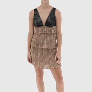 BCBGMaxAzria Averil Crinkle Dress Womens XXS Nude Black‎ Tiered Crepe Retro Glam